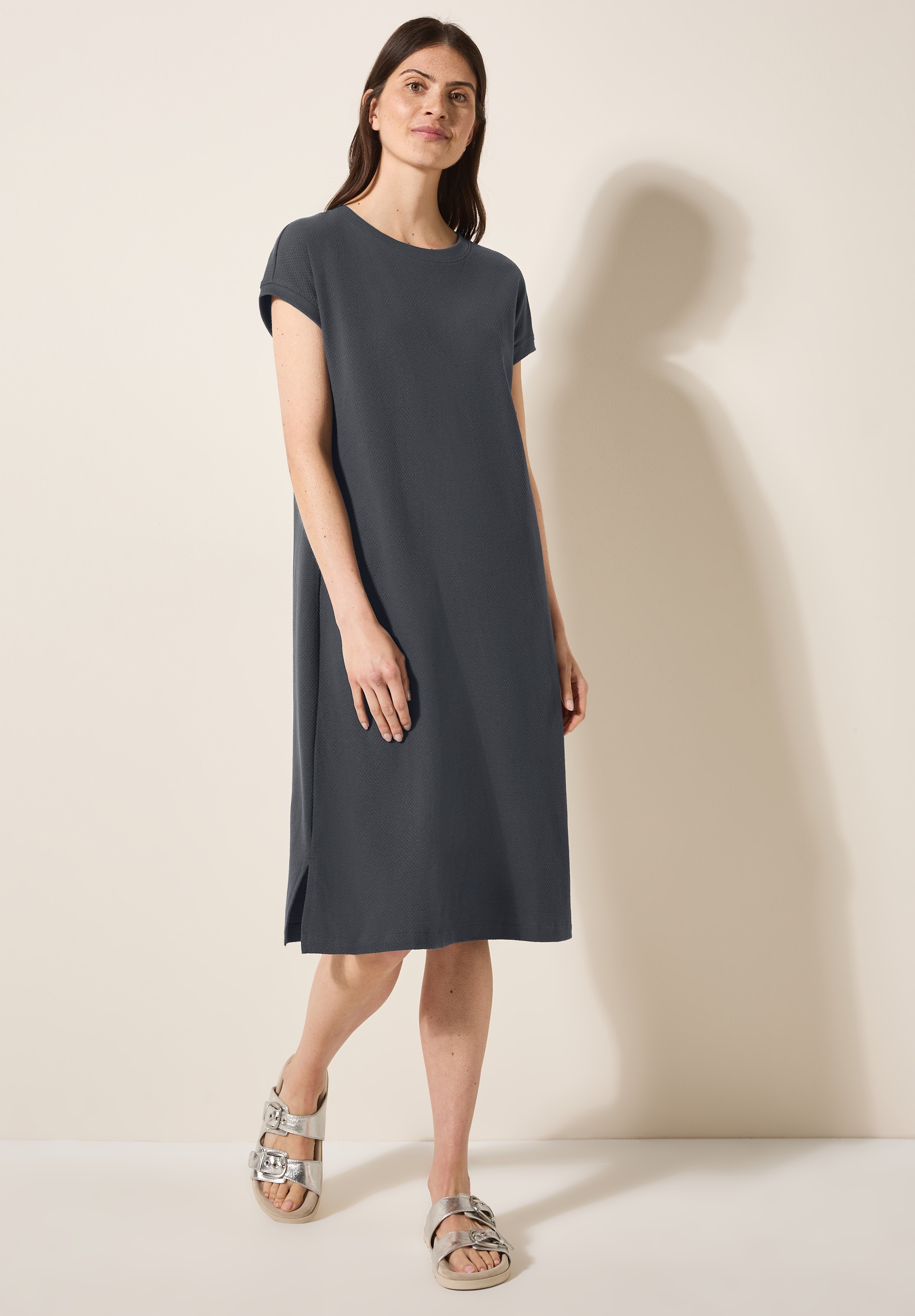 Sommerkleid CECIL, Damen, Gr. XXL (46), US-Größen, grau (volcanic grau), Web, 58% Baumwolle, 42% Polyester, unifarben, gerade kniefrei, Rundhals, Bündchen, Kleider Sommerkleid, soft und trageangenehm