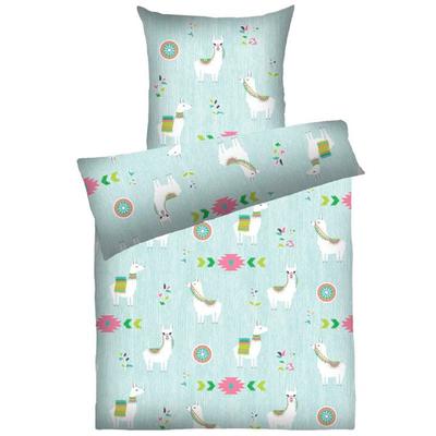 Bettwäsche DYCKHOFF "Lama", blau (türkis), B/L: 135cm x 200cm, , Frottee, B/L: 80cm x 80cm, Frottee, Obermaterial: 75% Baumwolle, 25% Polyester, Bettwäsche, in Frottier Qualität, mit Lama Motiv Image