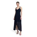 Abendkleid VERA MONT "Vera Mont Abendkleid mit Volant", Damen, Gr. 38, Normalgrößen, blau (night sky), Chiffon, Obermaterial: 100% Polyester. Futter: 100% Polyester., elegant, A-Linie lang, U-Boot-Ausschnitt, Kleider, Wickel-Design
