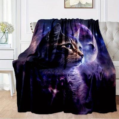 TEMU 1pc Moon Cat Flannel Blanket For All Season, Cozy Warm Soft Blanket For Travelling Image