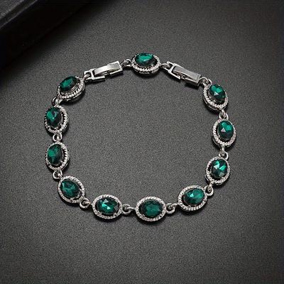 TEMU 1pc Elegant Blue & Clear Cubic Zirconia Leaf Chain Bracelet - Fashion Accessory With Alloy Clasp, Parties & Weddings Image