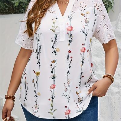TEMU Plus Size Floral Print Button Blouse, Elegant Short Sleeve Top For , Women's Plus Size Clothing Image
