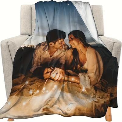 TEMU Custom Photo Blanket - Personalized Flannel Throw With Vibrant Purple Print, Soft & Cozy Blanket For Home Or Gifting, Personalized Gift | Contemporary Style | Polyester Blanket Image