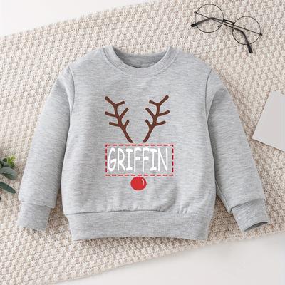 TEMU Christmas Girls' No Hat Sweatshirt Customized Name And Deer Antler Pattern Printed Fashionable And Versatile Casual Round Neck Top Image