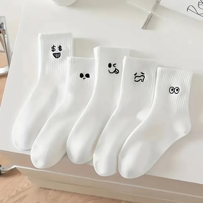 TEMU 5 Pairs Of Mid-calf Socks With , Women's Autumn And Winter Style. White Design Women's Socks. Solid Color, Simple And , Moisture-wicking And Breathable Socks. Image