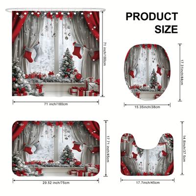 TEMU 4pcs Christmas Winter Shower Curtain Set With 12 Hooks, Red & Silver Festive Design, Washable Polyester, U-shaped Toilet Lid Cover, Non-slip Bath Mat, Seasonal Holiday Bathroom Decor Image