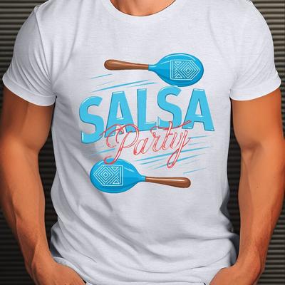 TEMU Men's Salsa Party Graphic Tee - Casual Short Sleeve T-shirt With , Breathable Polyester, Machine Washable, Summer Essential Image