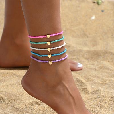 TEMU 5-pack Chic Heart Charm Beaded Anklets For Women, Bohemian , Glass Seed Bead, & Valentine's Day Gift Image