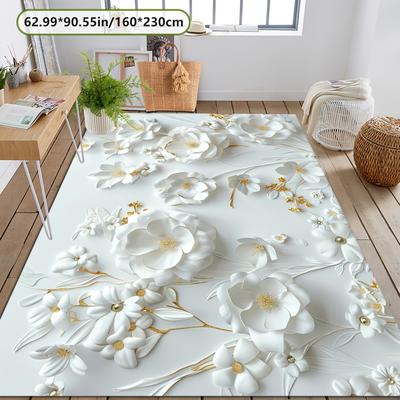 TEMU Zulida Elegant White Floral Area Mat With Golden Accents - 800g/m², Non-slip Backing, Machine Washable, For Living Room, Bedroom, And More - Adds & Style To , Rugs For Living Room Image