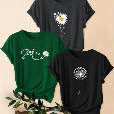 TEMU 3pcs Set - Collared Hemline Summer New Plus Size Women's Short Sleeve T-shirt, Floral Print Casual Round Neck Top Image
