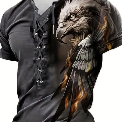TEMU Men's Casual Henley Shirt With Eagle Print - Short Sleeve, V-neck, Button Detail, Black , Machine Washable, Fit For Adults, Comfortable Casualwear, Detailed Buttonwork Image