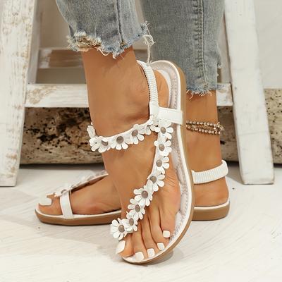 TEMU Women's Floral Decorative Flat Sandals With A Single Strap And Toe Cover, Versatile Slip-on Sandals With Elastic Bands. Image