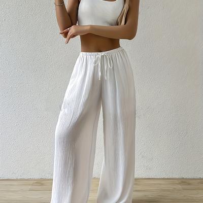 TEMU Chic Women's High-waisted Drawstring Pants With Textured - Light Blue, Wide Leg, Casual For Adults, Casual Outing Attire | Pleated Design | Image