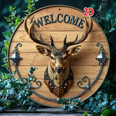 TEMU 8-inch Round Aluminum Deer Head Welcome Sign - Rustic Wall Decor With Antler And Leaf For Home, Farm, Garden, Bar, Or Entryway, 2d, Room Decor Image