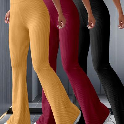 TEMU 3pcs Women's Casual Sporty Solid Color Polyester Leggings With Elegant Knit Fabric For Adults Image