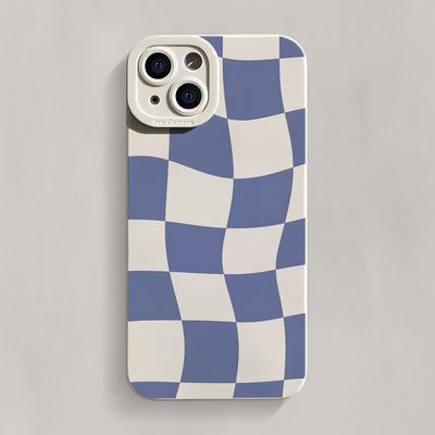 TEMU Blue And White Abstract Wave Checkered Pattern All-inclusive Shockproof Phone Case, Trendy Tpu Mobile Phone Protective Case, Compatible With Iphone 11/12/13/14/15/16 Pro Plus Pro Max Image