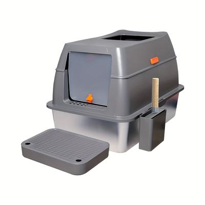 TEMU Stainless Steel Cat Litter Box With Lid - Spacious, & Easy To Clean | Customizable Top Or Front Entry For Multiple Cats Image