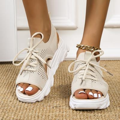 TEMU Women's Breathable Mesh Sneakers - Casual Lace-up Sandals With Sole, Round Toe Design Image