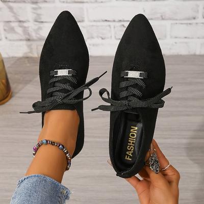 TEMU Women' Pointed Toe Flannel Ballet Flats, Solid Color, Comfort, With Lace-up Closure And Image