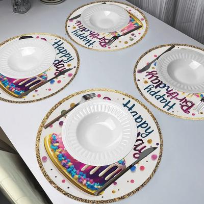 TEMU 4pcs Happy Birthday, 15inches Placemats, Round Table Mats For Home Decor Non-slip Washable Mats For Daily Banquet Party Dining Table Decoration Image