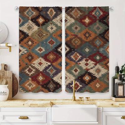 TEMU 2-pack Style Geometric Pattern Curtains, Ethnic- Decor, Semi-sheer Polyester Drapes For Living Room, Machine Washable, Rod Pocket Hanging, Decorative Arts Theme, 180-200gsm Flannel Fabric Image