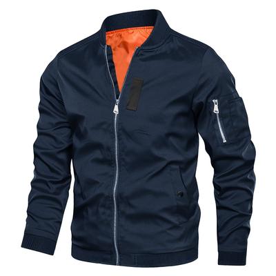 TEMU Men's Lightweight Baseball Collar Jacket - Casual Thin Sports Coat, Navy Blue With Orange Accents, Polyester, Zip-up With Side Pockets Image