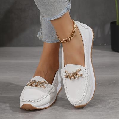 TEMU Women's Casual Ballet Flats, Solid Color Slip-on Shoes With Chain Detail, Lightweight Footwear, Plain Toe Design, Upper & Insole, Fabric , Image