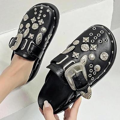 TEMU Elegant Women's Slip-on Flat Sandals - Chic & Metallic Accent, Comfortable Cover, Round Toe Design With For Casual Wear Image
