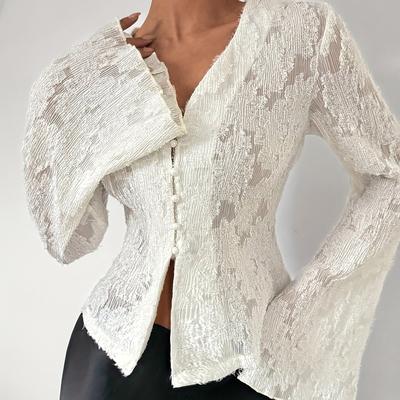 TEMU Elegant V-neck Short Length Long Sleeve Embroidered Lace Bell Sleeve Polyester Shirt For Adult, Image