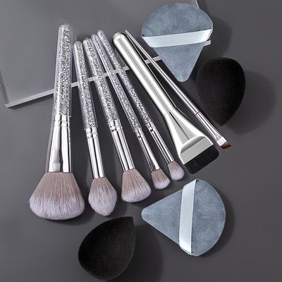 TEMU 11pcs Professional Makeup Brush Set 5 Diamond Handle Facial Makeup Brushes - Foundation Concealer Brush - Beveled Blade Eyeliner And Brow Brush + 4 Makeup Sponge Image