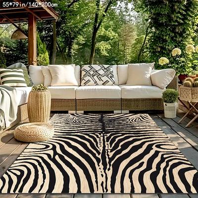 TEMU Golden Diamond Velvet + Dot Plating Bottom + 800g 1pc Zebra Texture Pattern Mat, Outdoor Rugs, Suitable For Courtyard, Balcony, Garden, Camping, Machine Washable, Indoor And Outdoor Mat Image