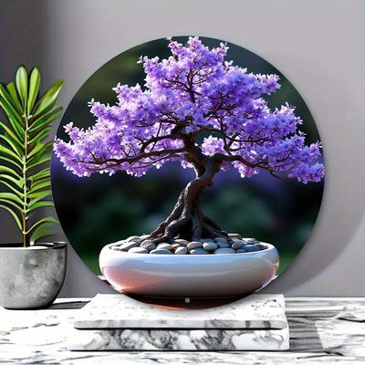 TEMU A With Purple Flowers In A White Bowl. Wreath Sign, (8x8 Inch/20cm*20cm), Round Aluminum Sign - & Decor, Kitchen, Garden, Office Wall Art, Holiday Decorations Image