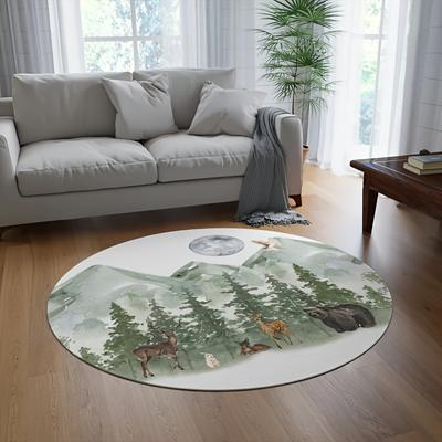 TEMU Round Forest Animal Rug Pad - Lightweight, Washable, Hand Wash Only, Non-slip, Soft Polyester Floor Mat For Living Room, Bedroom, Kitchen, Entryway, 1cm Thickness - Machine Made Carpet Image