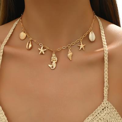 TEMU Bohemian Beach Vacation Charm Necklace With Seashell, Starfish, And Mermaid Pendants - Alloy, Adjustable Choker For Casual Attire And Parties, Vacation Accessory|bohemian Style| Alloy Pendants Image