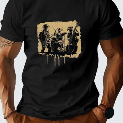 TEMU Men's Graphic Tee - Abstract Saxophone & Drums Print, Casual Polyester Short-sleeve T-shirt, Vintage- For Summer Image