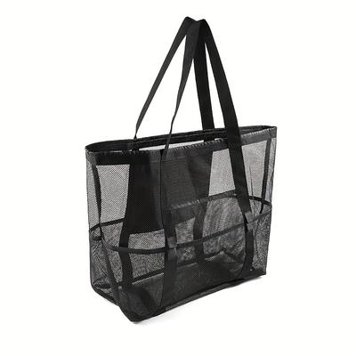 TEMU 1pc Large Oversized Beach Tote Bag With Zipper Closure, Foldable Pool & Boat Bag For Family Vacation Essentials, Toys & Beach Gear - Durable Woven Fabric, Black, Beach Bag, Yarn Storage Image