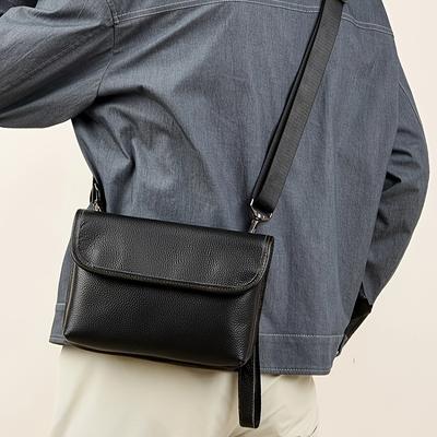 TEMU Premium Leather Men's Crossbody Bag - Sleek Black, For Use Image