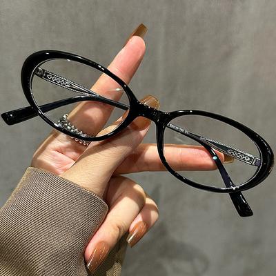 TEMU Y2k Oval Fashion Glasses For Women - Small Frame Cat Eye Shape, Metal Pc Splicing Eyeglass Frame With Cleaning Cloth Image