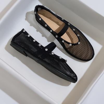 TEMU [fashion 1pc Breathable ] Fashion Women's Breathable , Round Toe Mary-jane Style Slip-on Shoes, Solid Color, With Rhinestone Detail, For Footwear, Tpr Sole, Mesh Insole, Upper Image