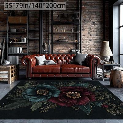 TEMU Nordic Exquisite Large Flower Texture Black Carpet, Machine Washable Non-slip Backing Polyester Area Rug For Living Room Bedroom Study Dining Room Home Office Entrance Door Indoor Decoration Image