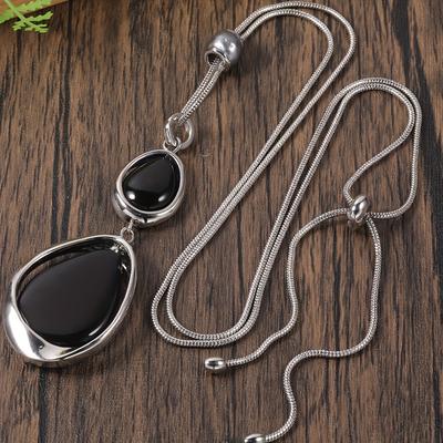 TEMU 1pc Fashion Elegant Black Stone Geometric Pendant Necklace For Woman Accessories Spring Summer Silvery Alloy Long Necklaces Party Prom Vacation Holiday Birthday Jewelry Gift Image