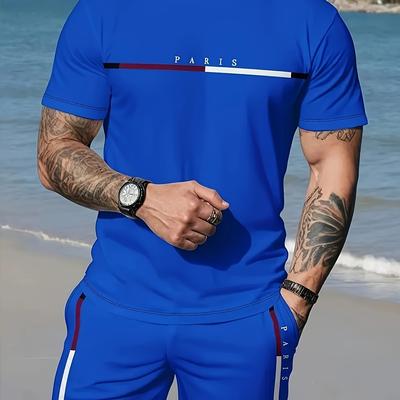TEMU Pattern Men's Casual Two-piece Set, Round Neck Short Sleeve T-shirt And Drawstring Shorts With Pockets, Knit, Stretch, Regular Fit Outdoor Sportswear Image