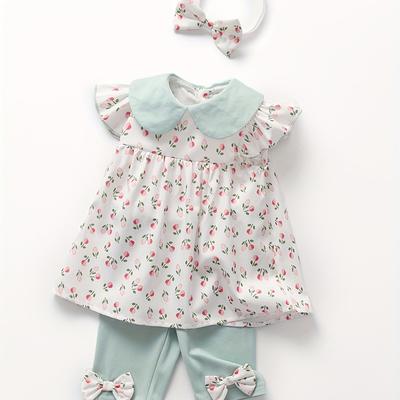 TEMU 3pcs Set Baby Girl Newborn Outfit, Summer, Floral, Cute, Princess, Korean Version, Western Style, Polyester, With Bow, For Baby, For Outdoor Image
