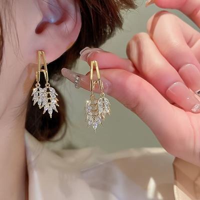 TEMU 1 Pair Of Elegant Golden-tone Leaf Design Drop Earrings With Sparkling Synthetic Diamonds, Weddings Or Casual Attire, Earrings | Leaf Motif Earrings | Alloy Construction, Novelty Earrings Image