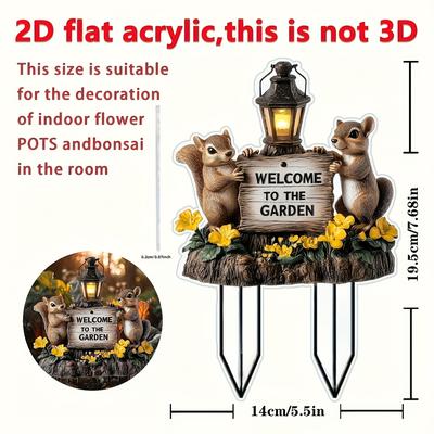 TEMU 2d Flat Acrylic Garden Stake With 2 Adorable Squirrels, Sun For Yard And Lawn - For Flower Pots, Gardens And Home Decoration, Perfect Family Gift, Welcome, Landscape Decoration Image