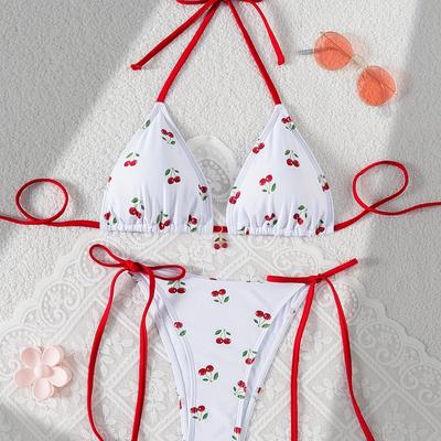 TEMU Swimwear Set With Fruit Cherry Pattern, Side Tie Swimsuit, High Elasticity, Women's Swimwear And Accessories Image