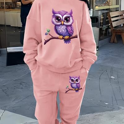 TEMU Women's Casual Two-piece Sweatshirt Set With Cute Owl Print - Pink Fleece Pullover & Matching Pants, Fall & Winter, Autumn Winter Wear | Print Top | Cozy Sweatshirt Image