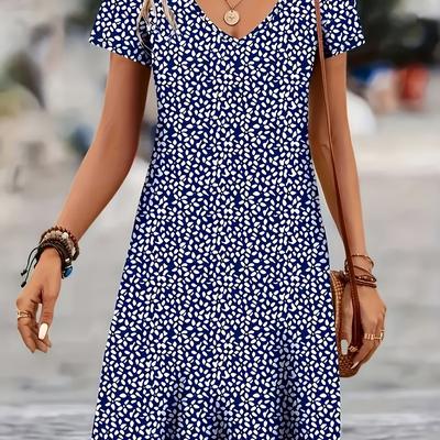 TEMU Women's Elegant Floral Print V-neck Short Sleeve A-line Dress - Lightweight Summer Dress With Floral Pattern On Light Background, Casual Yet Stylish For , Cute Dresses Image