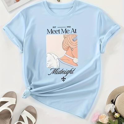"TEMU Women's Casual " At " Graphic Tee - Short Sleeve Crew Neck, Light Blue With Cartoon Print, Spring And Summer, Casual Attire | Print Top | , Ladies T Shirts" Image