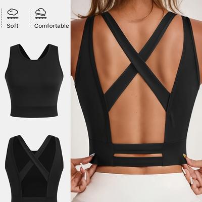 TEMU Women' -back Sports Vest - Breathable & Stretchy Yoga Tank Top For Running & Outdoor Activities, Backless Design With Cut-out Details Image
